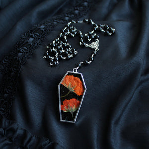 Mori Floral Coffin Rosary - Black, Orange Poppy, Onyx