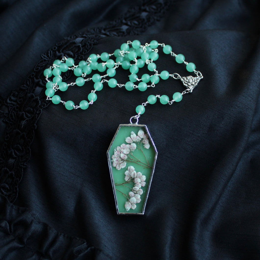 Mori Floral Coffin Rosary - Absinthe, Rice Flower, Jade