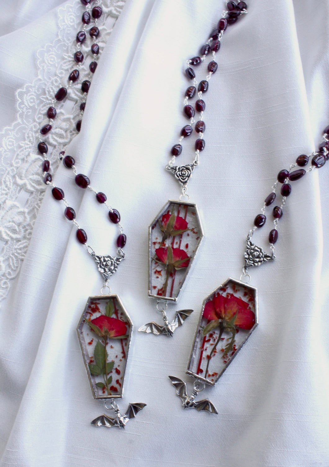 Floral Bat Coffin Necklace - Sanguine and Blood Red