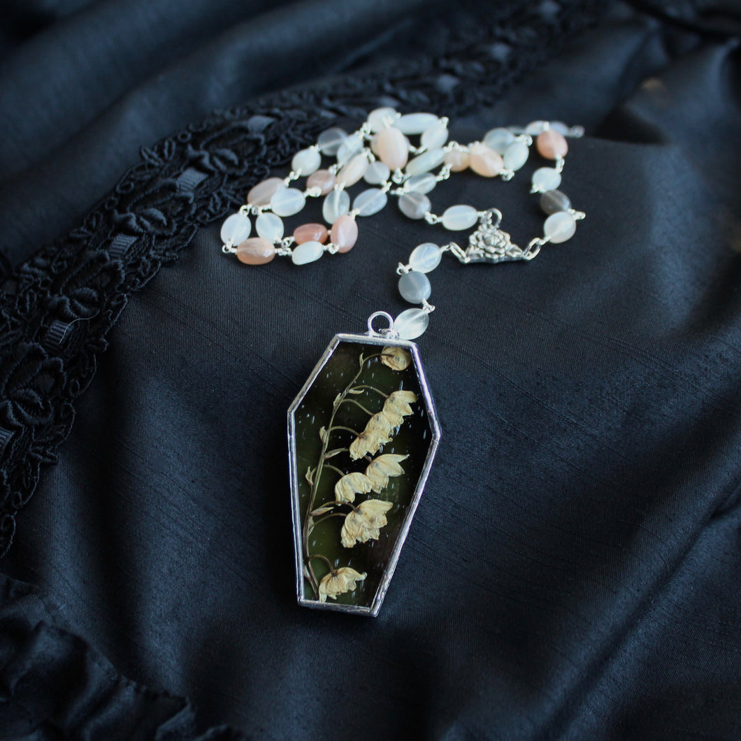 Mori Floral Coffin Rosary - Mottled Olive, Lily of the Valley, Mixed Moonstone