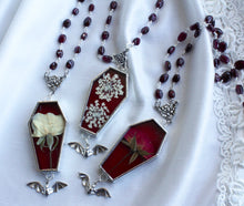 Load image into Gallery viewer, Floral Bat Coffin Necklace - Sanguine and Blood Red
