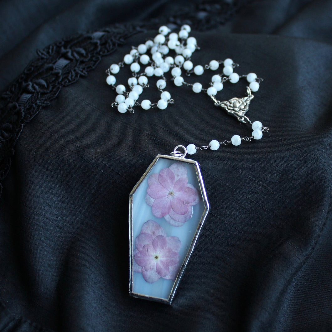 Mori Floral Coffin Rosary - White, Purple Hydrangea, Rainbow Moonstone