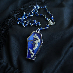 Mori Floral Coffin Rosary - Blue, Rice Flower, Sapphire Jade