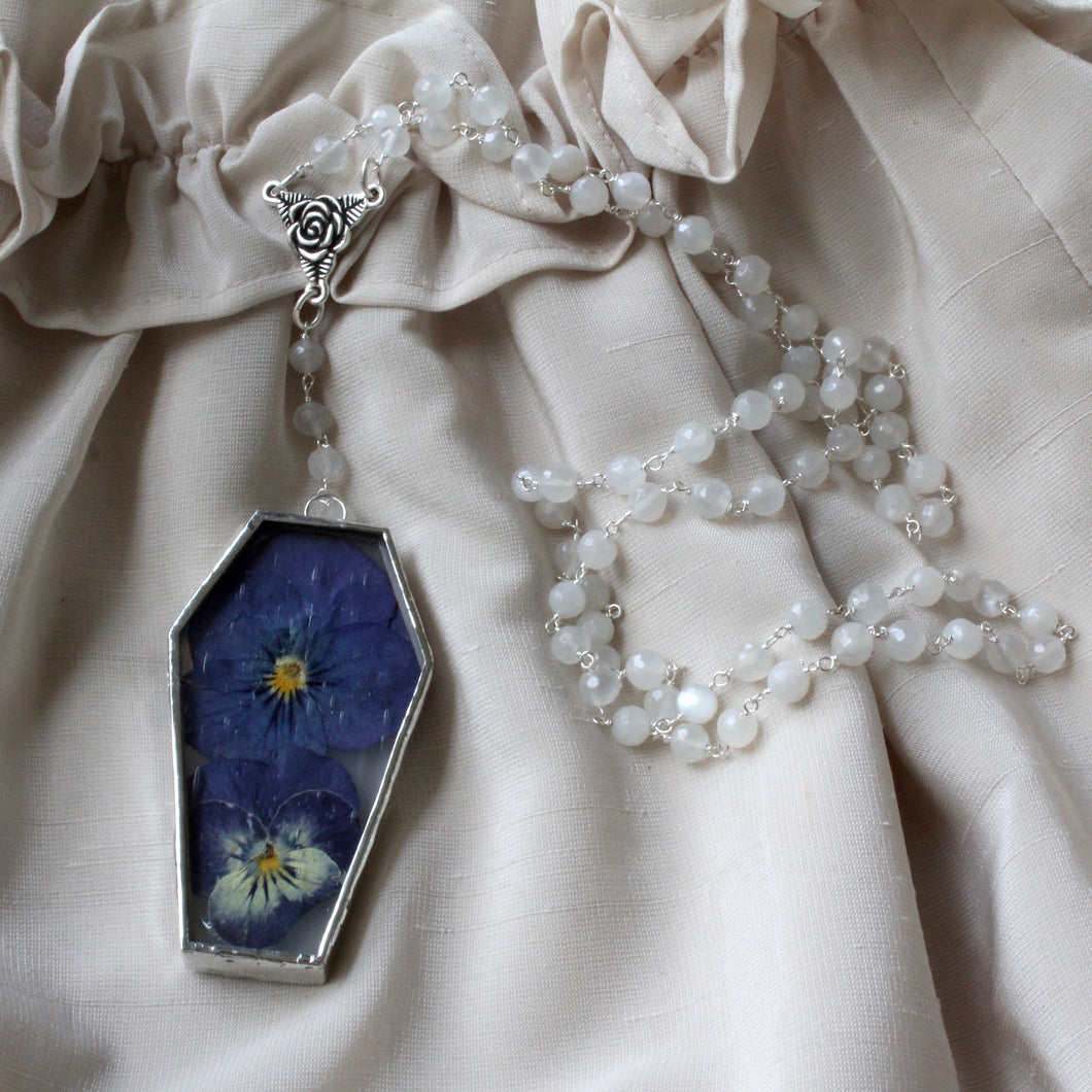 Floral Coffin Rosary - Ice White, White Moonstone, Pansy