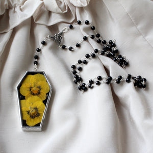 Floral Coffin Rosary - Black, Onyx, Yellow Pansy I