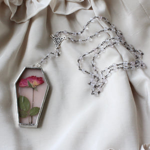 Floral Coffin Rosary - Dusty Rose, Rose Quartz, Dark Pink Rose