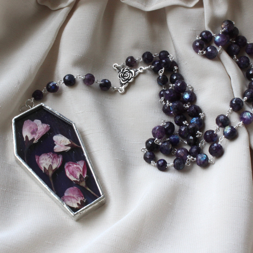 Floral Coffin Rosary - Dark Purple, Sakura, Purple Labradorite